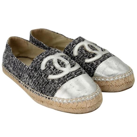 Chanel Espadrille 37 Tweed Canvas Leather Cc Cap-toe Flats CC-S0207P-C044 - Picture 5 of 11